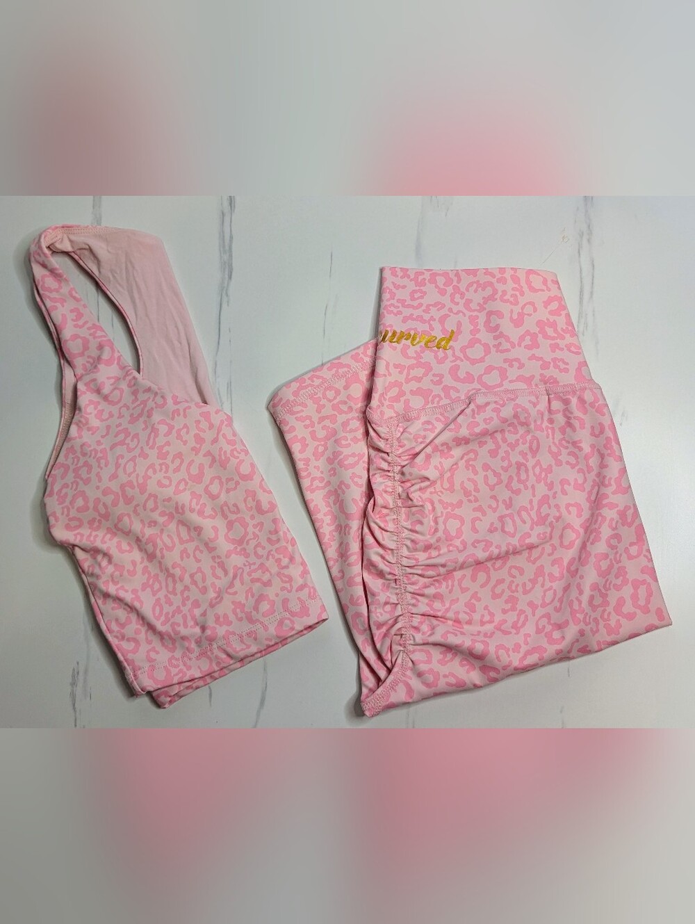 GET Curved Pink Leopard Sports Bra /Biker Scrunch Shorts Set Size S